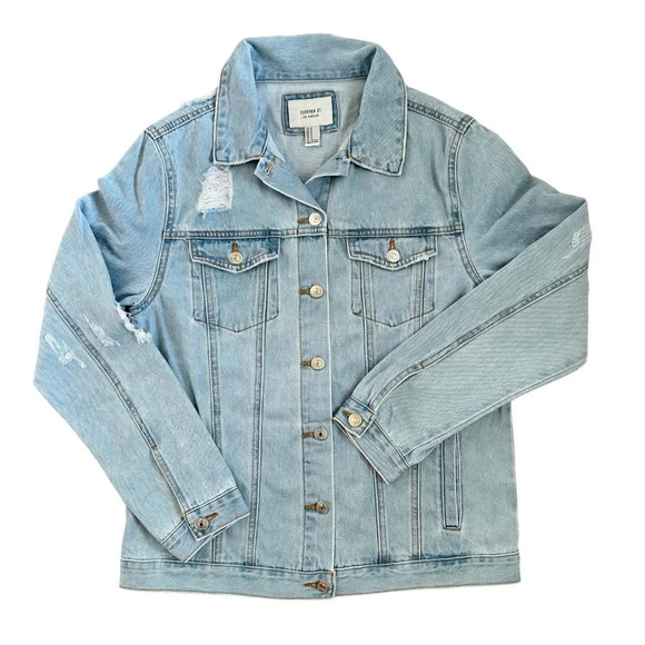Forever 21 Distress Light Wash Blue Denim Jacket Size Medium - Picture 1 of 9